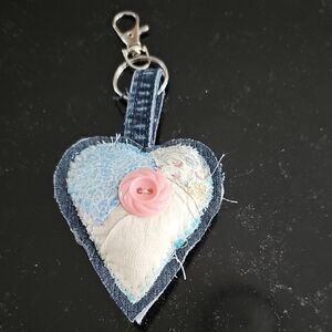 Heart-Shaped Denim Keychain with Pink Button
